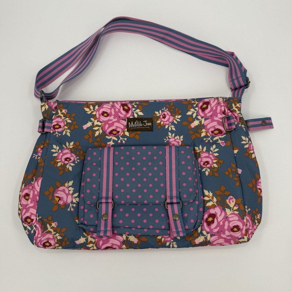 Matilda Jane Floral Polka Dot Messenger Bag Blue Pink Striped Strap Crossbody